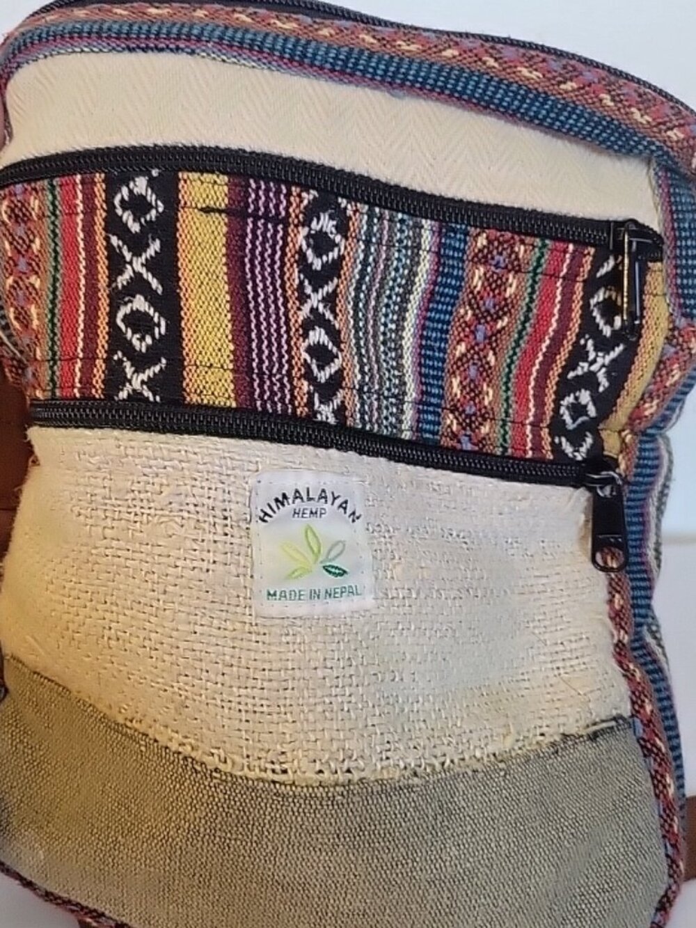Himalayan Hemp shoulder bag, multicolor geometric, leather strap, pockets, Nepal